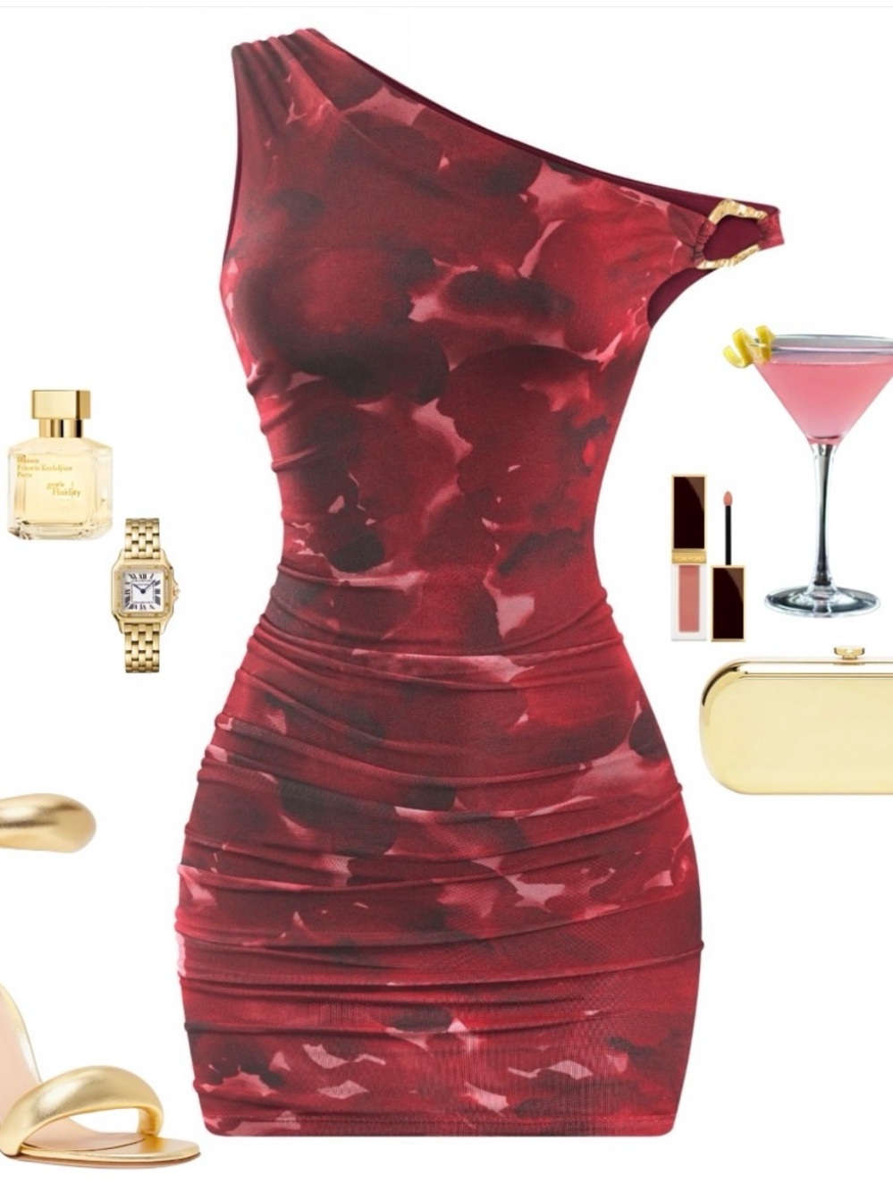 One-Shoulder Red Floral Ruched Bodycon Dress